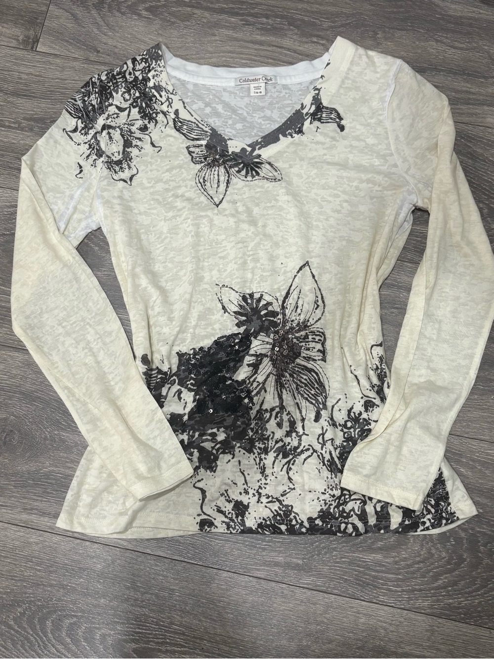 Y2K 2000’s Coldwater Creek Women's Cream Long-Sleeve Floral Print Top